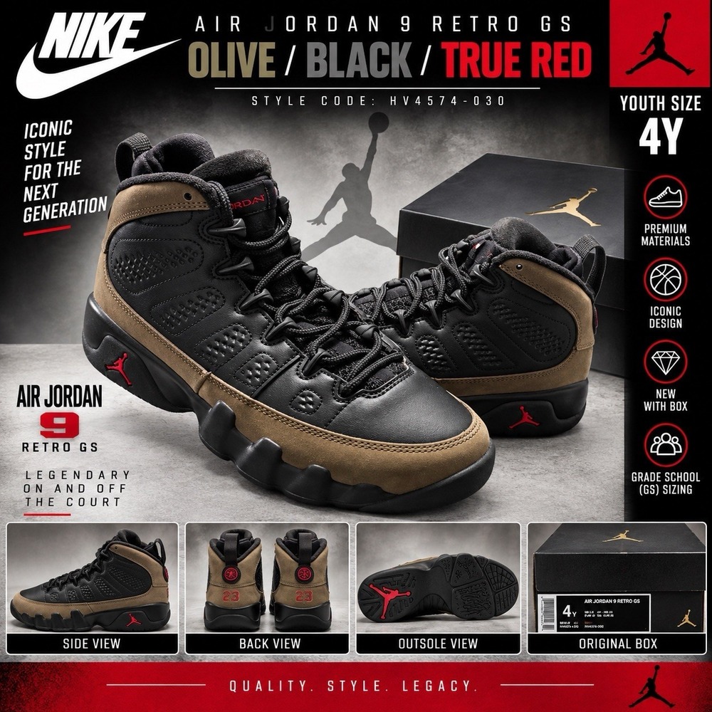 Nike Air Jordan 9 Retro GS Olive Black True Red 4Y HV4574-030 New With Box